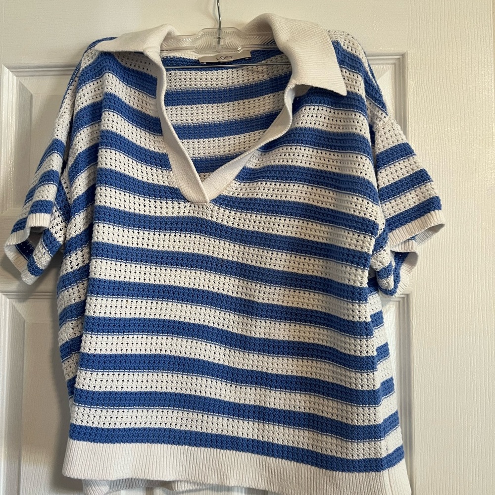 LOFT Blue and White Striped Knit Polo Shirt